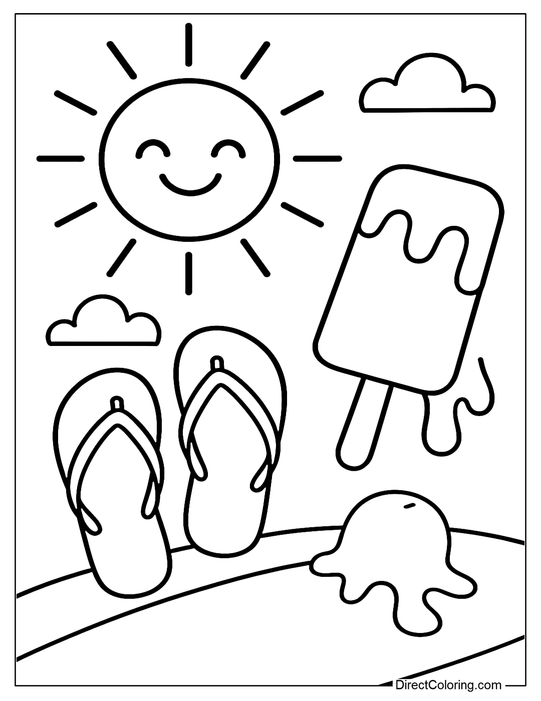 Coloring page of the sun, flip-flops and ice cream melting in the summer sun.